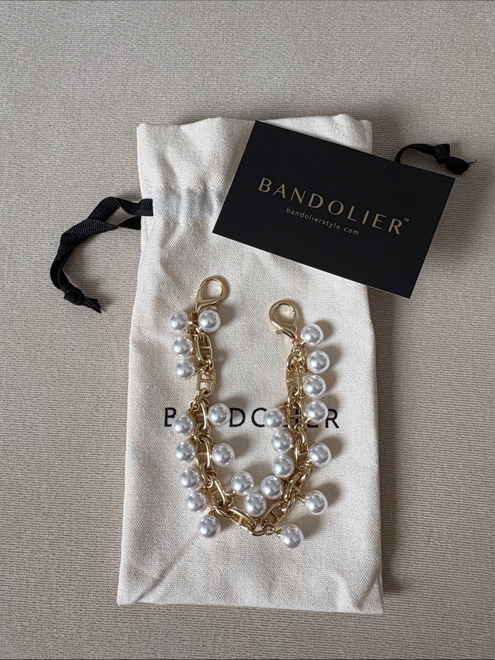 Bandolier Gold Chain Strap with White Pearls